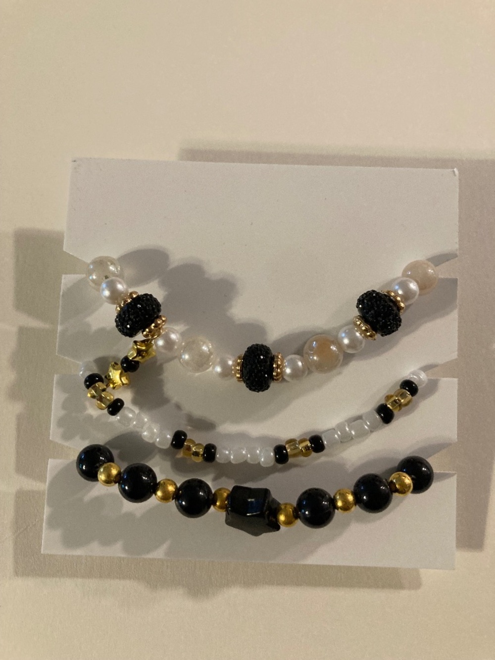 Black White Pearl Star Bracelet Set Pre-Stretched - 6.5”